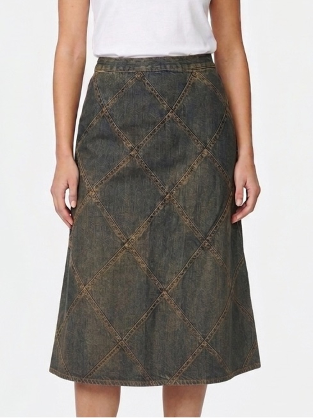 GIVY Denim Jean Midi Skirt A-line Diamond Pattern Tinted Wash Size Small